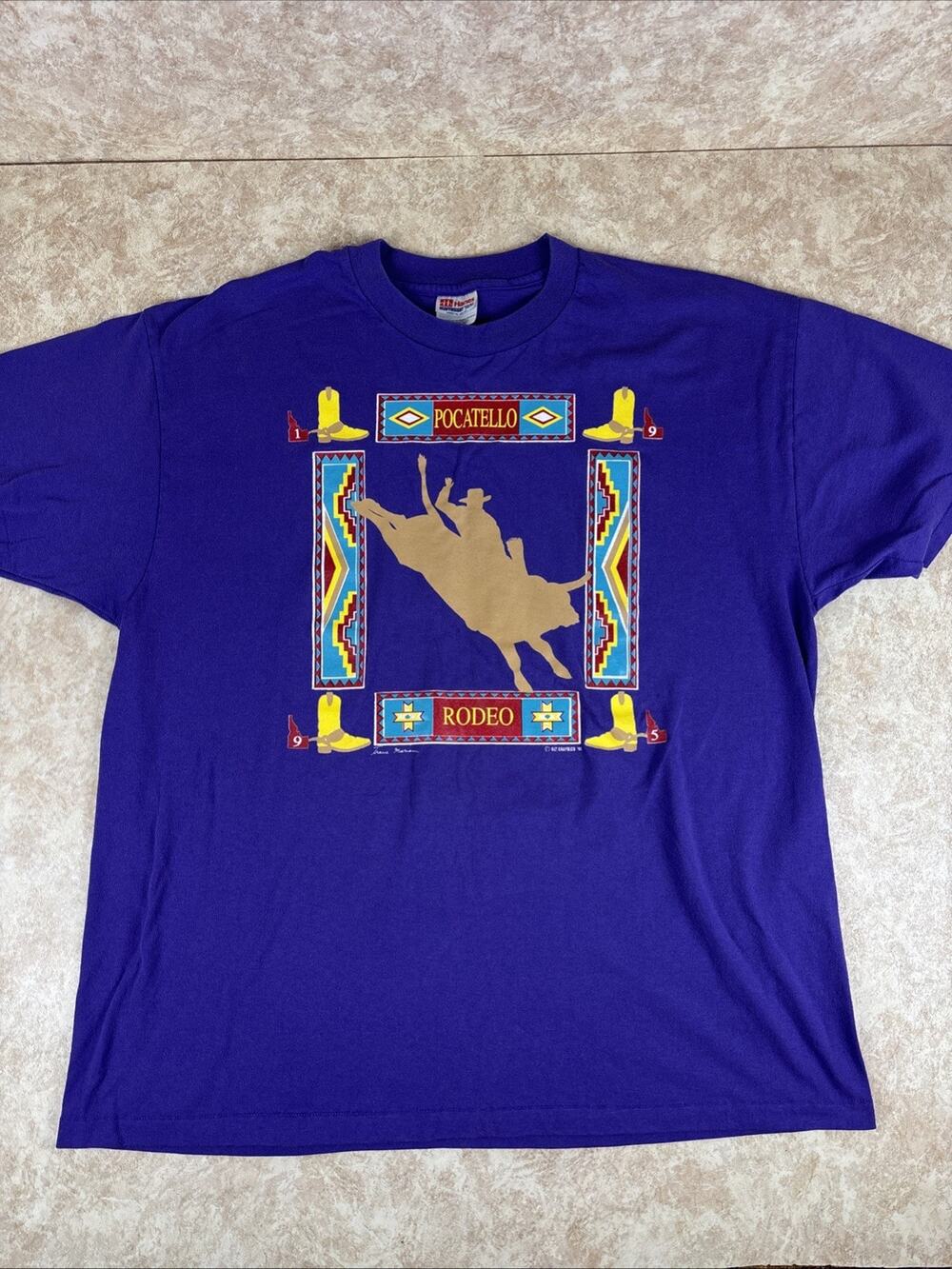 Hanes Heavyweight Pocatello Rodeo 1995 T Shirt Tracie Mariam Bullriding Men's XL